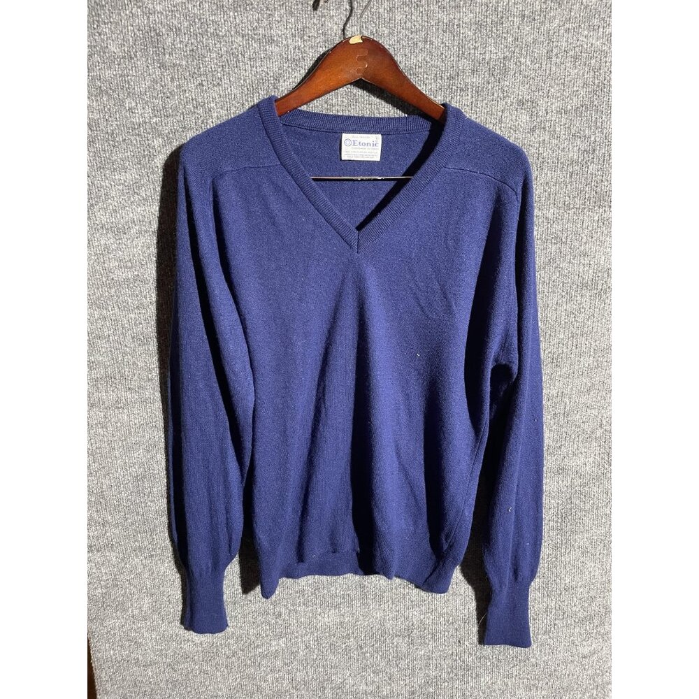 Vintage Etonic Sweater Mens Large Blue Acrylic V Neck Pullover Knit Long Sleeve